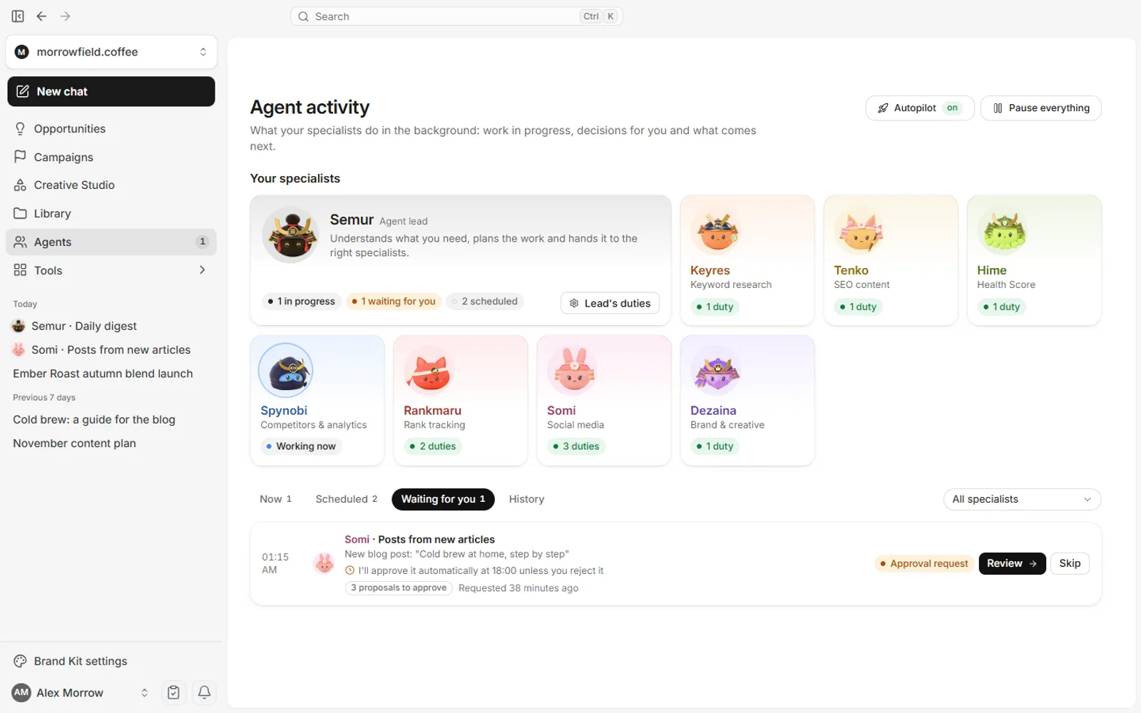 Agent activity with the agent summary, the specialists and the Now, Scheduled, Waiting for you and History tabs