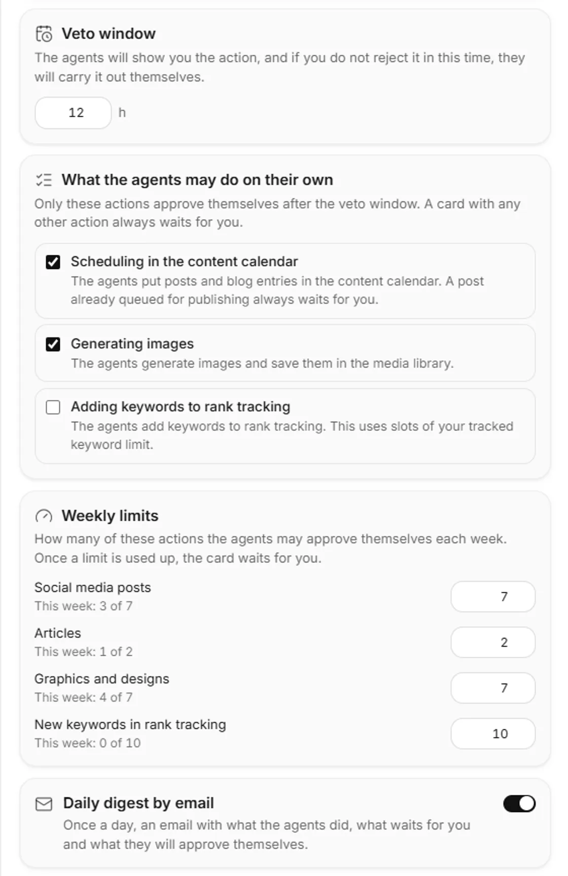 Autopilot settings with the veto window, the actions the agents may do on their own, weekly limits and the daily digest by email