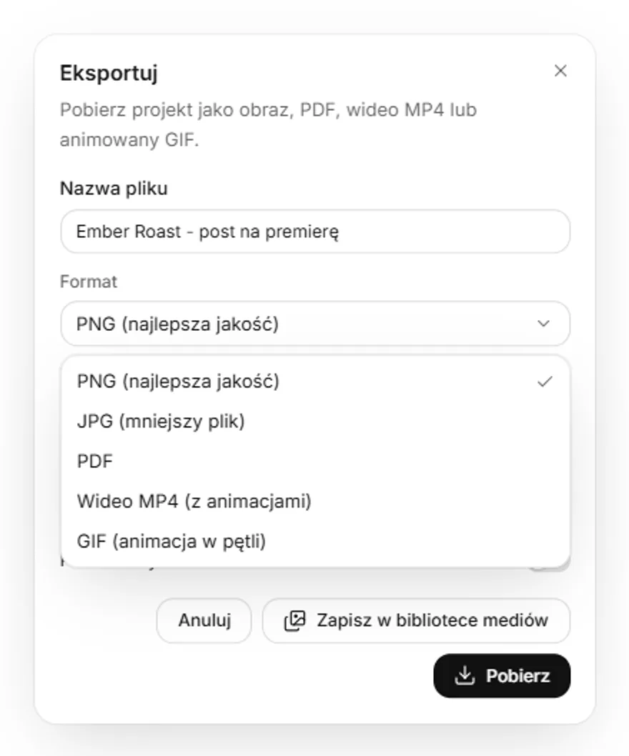 Okno Eksportuj z nazwą pliku i otwartą listą formatów: PNG, JPG, PDF, wideo MP4 i GIF