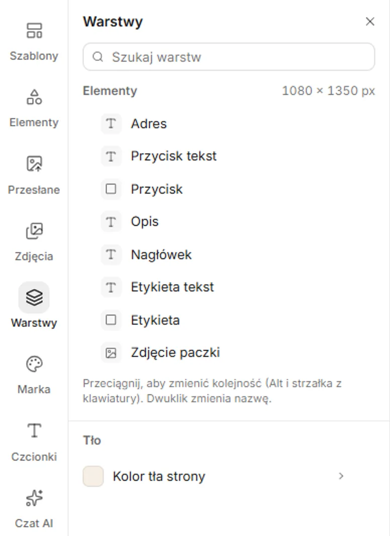 Panel Warstwy z nagłówkiem, opisem, przyciskiem i zdjęciem strony