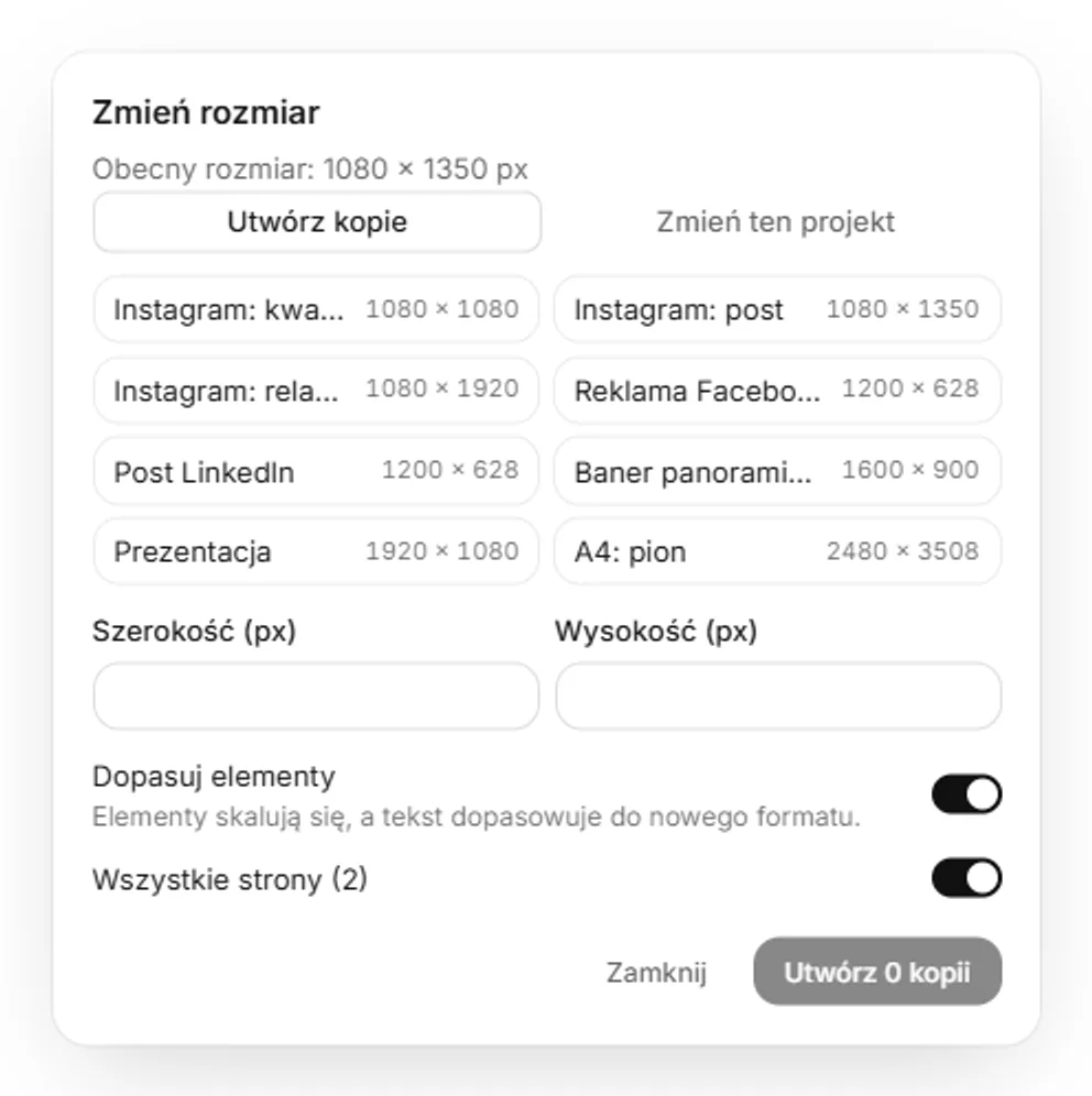 Okno Zmień rozmiar z trybem Utwórz kopie, ośmioma rozmiarami, własną szerokością i wysokością oraz przełącznikiem Dopasuj elementy