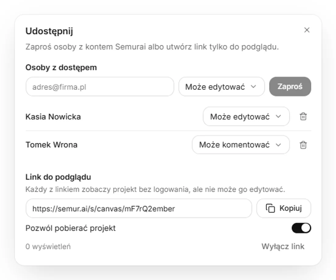 Okno Udostępnij z dwiema osobami z dostępem i aktywnym linkiem do podglądu z włączonym pobieraniem