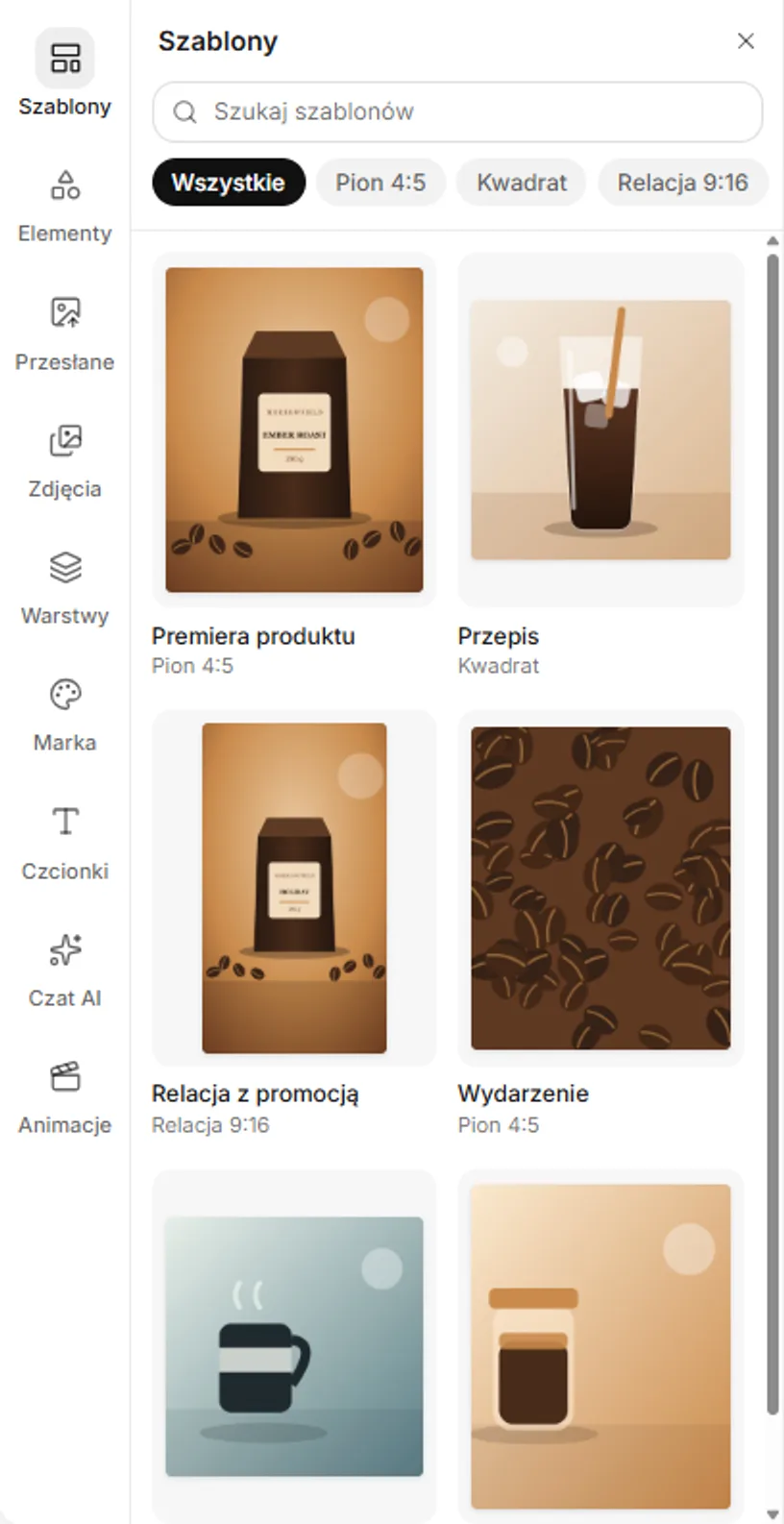 Panel Szablony z wyszukiwarką, filtrami formatu i podglądami szablonów