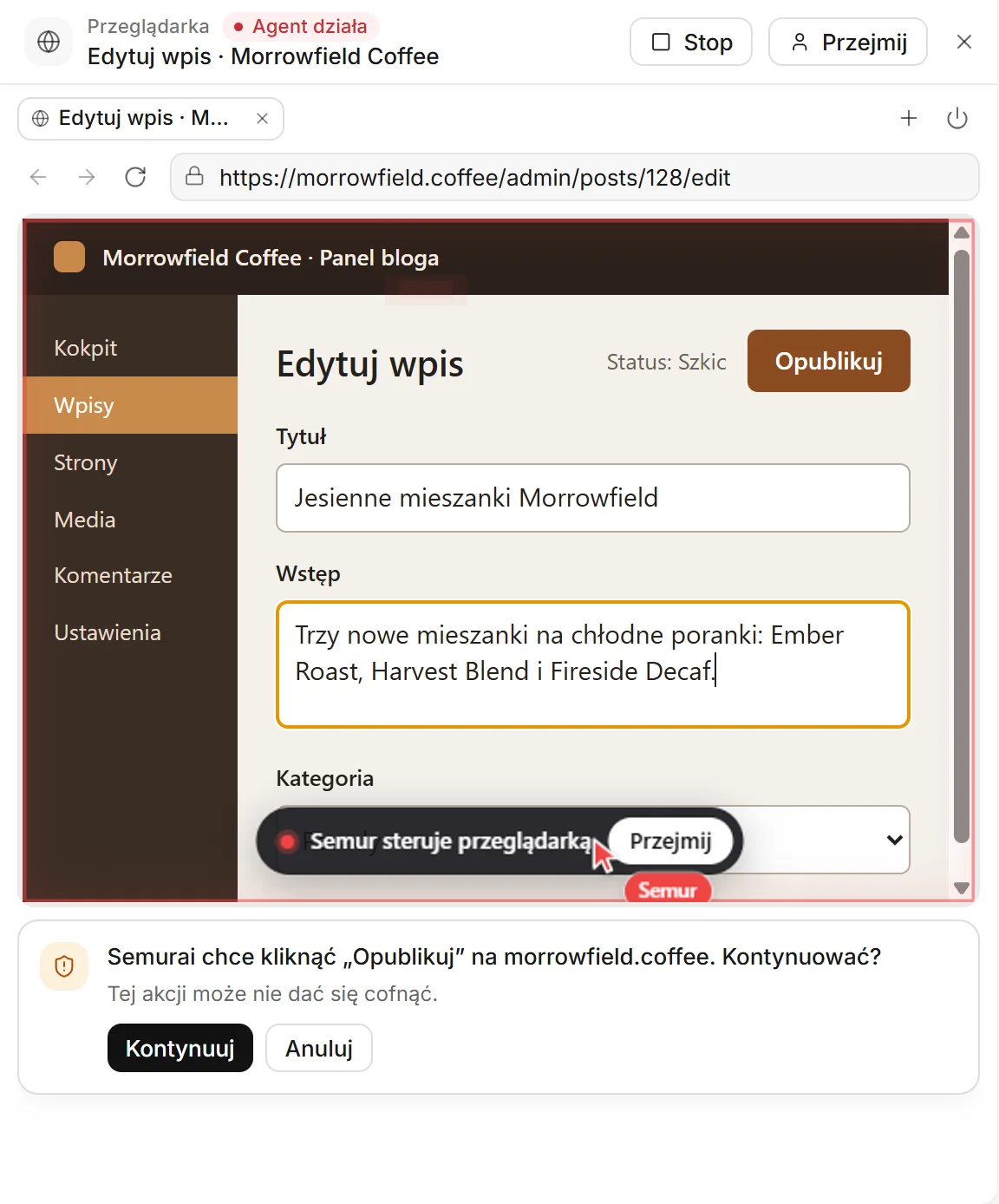 Panel przeglądarki z pytaniem, czy Semurai może kliknąć Opublikuj na morrowfield.coffee, i przyciskami Kontynuuj oraz Anuluj