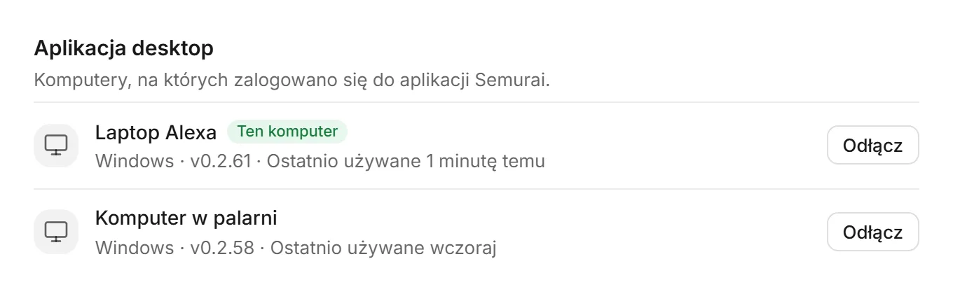 Urządzenia w Ustawieniach z dwoma komputerami z Windows, oznaczeniem Ten komputer i przyciskami Odłącz