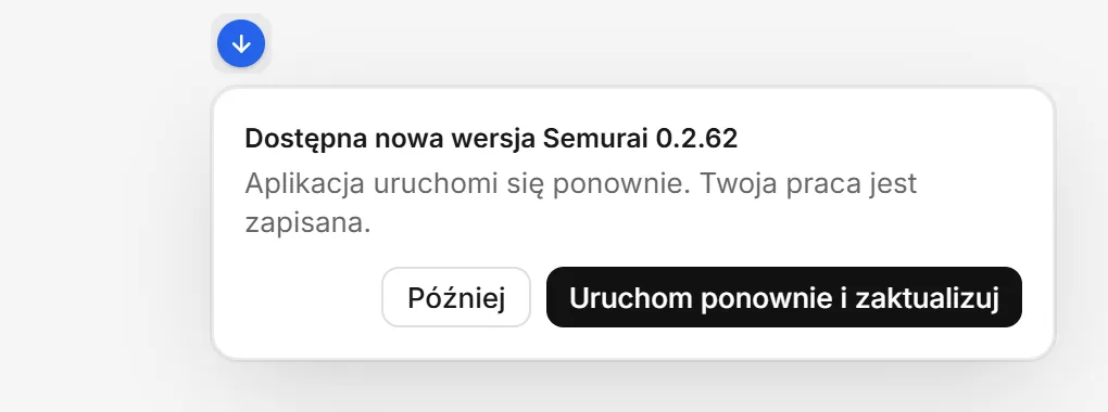 Informacja o aktualizacji pod paskiem tytułu z nową wersją i przyciskami Później oraz Uruchom ponownie i zaktualizuj