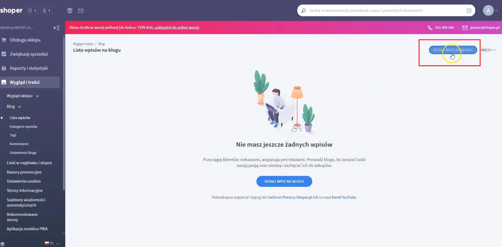 Liste des articles de blog dans l’administration Shoper, avec le bouton d’ajout d’article mis en évidence