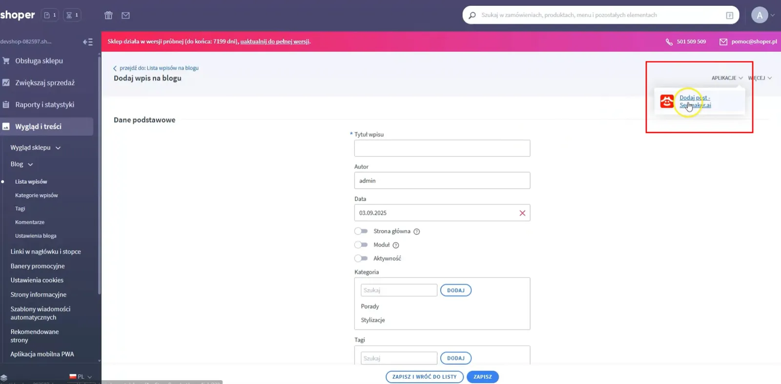 Menu Applications de l’éditeur d’article Shoper, avec l’application affichée sous son ancien nom